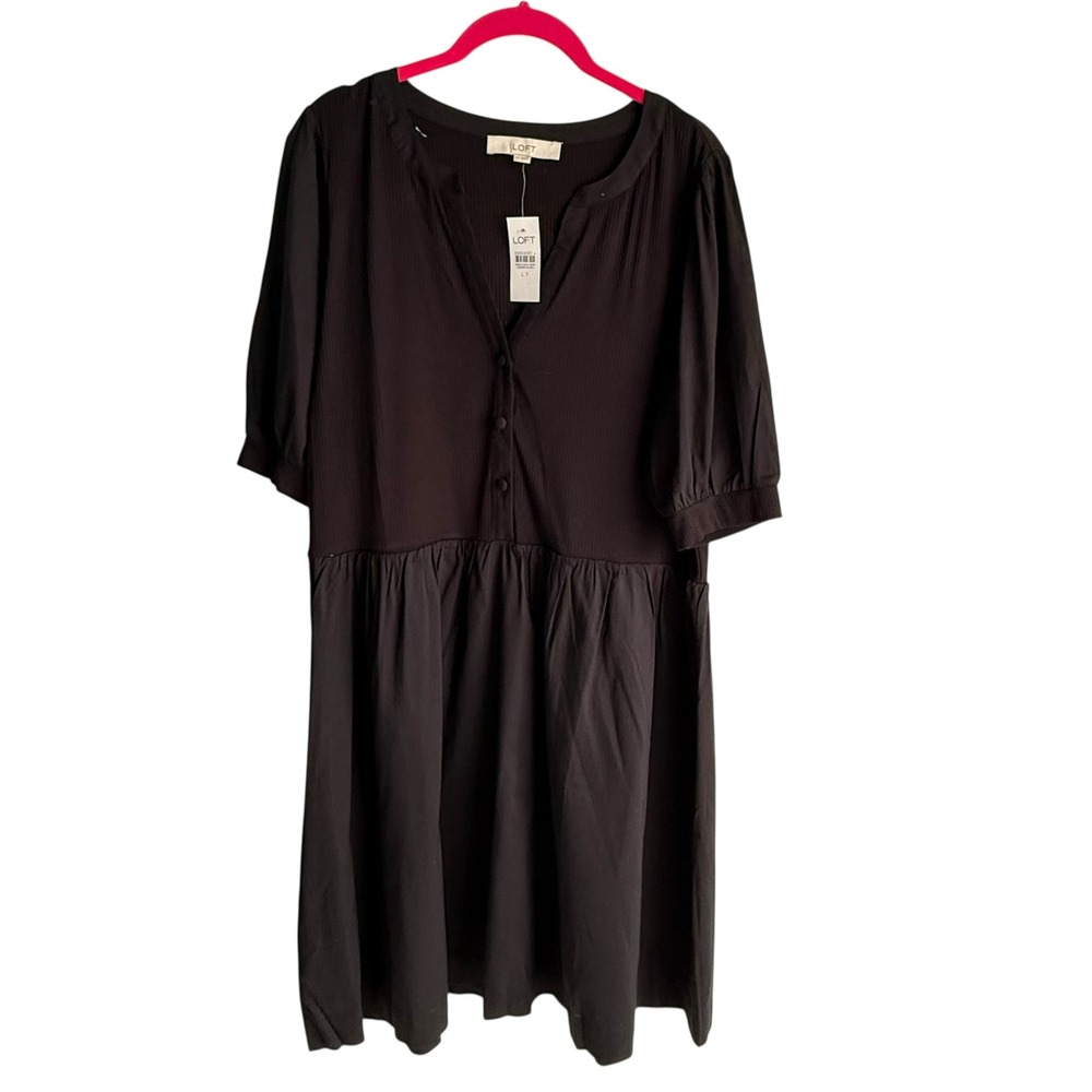NWT‎ LOFT Black Mixed Media Ribbed Knit Top Cotton Bottom Ladies Dress, LT